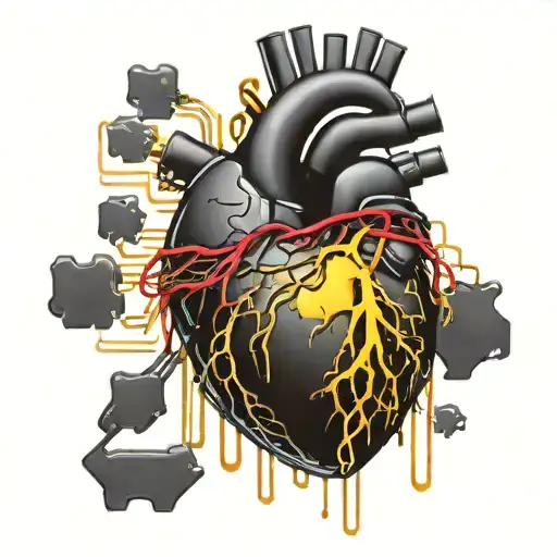 Realistic human heart with a black and gold circuit board inside. wires sticking out all over blood leaking out tattoo design idea