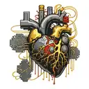 Realistic human heart with a black and gold circuit board inside. wires sticking out all over blood leaking out tattoo design idea