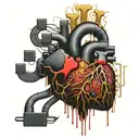 Realistic human heart with a black and gold circuit board inside. wires sticking out all over blood leaking out tattoo design idea