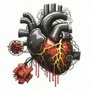 Realistic human heart with a black and gold circuit board inside. wires sticking out all over blood leaking out tattoo design idea