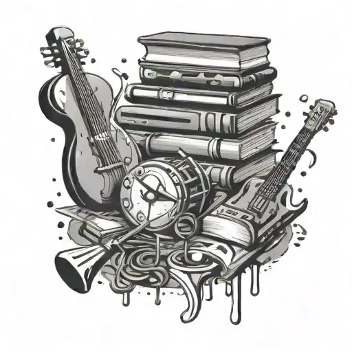 A stack of comic books with musical instruments scattered around, representing the client's love for reading and music tattoo design idea