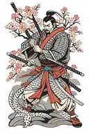 Japanese samurai ronin facing front cherry blossom trees behind  tattoo design idea