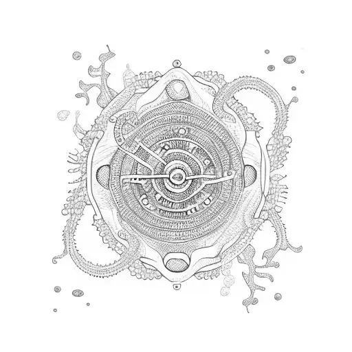 A scuba diver exploring a coral reef with a mesmerizing geometric pattern in the background tattoo design idea