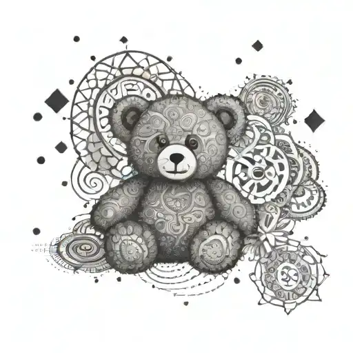 An abstract composition of a teddy bear floating among mandala shapes, with musical notes scattered around tattoo design idea