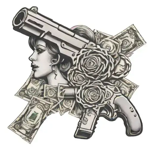 A stack of money, a gun, and a mysterious woman's silhouette intertwined to represent the client's favorite things tattoo design idea
