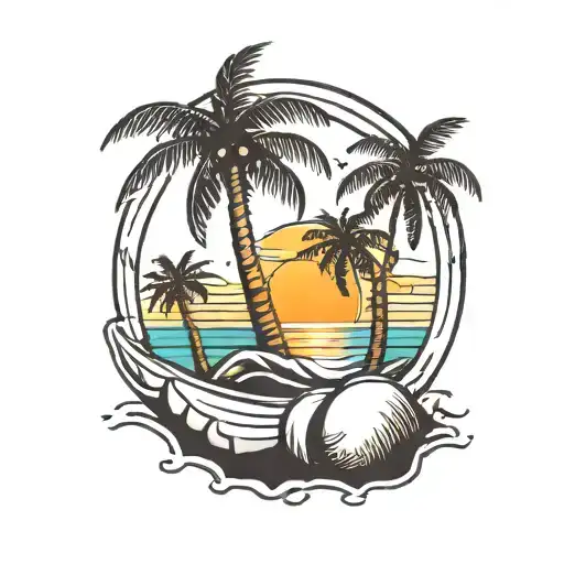 Yes I want a sunset behind an island with a palm tree and two coconuts with a set of footprints in sand coming out of th tattoo design idea