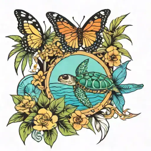 a palm tree which covers around a butterfly and a sea turtle tattoo design idea