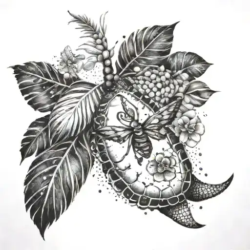 a palm tree which covers around a butterfly and a sea turtle tattoo design idea