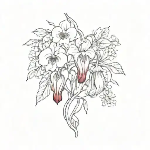 Bleeding heart tattoo with wildflowers growing from the bottom and veins turning into musical notes or lines. tattoo design idea