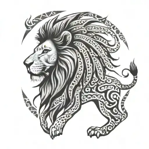 Hakuna matata lion with tribal design around fading to sides with writing combined under lion "Hakuna matata" tattoo design idea