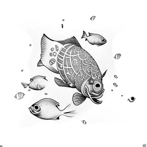 An intricate dotwork tattoo of a school of fish swimming around a computer mouse, symbolizing the balance between work and passion tattoo design idea