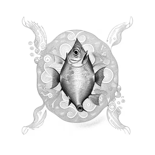 An intricate dotwork tattoo of a school of fish swimming around a computer mouse, symbolizing the balance between work and passion tattoo design idea
