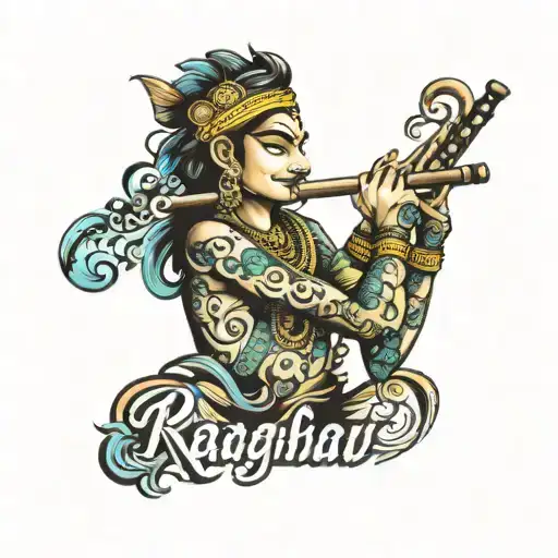 raghav name with flute  tattoo design idea