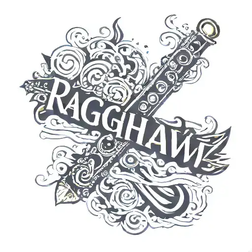raghav name with flute surrounded tattoo design idea