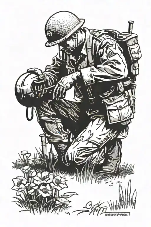 ww2 soldier kneeling in poppy field tattoo design idea
