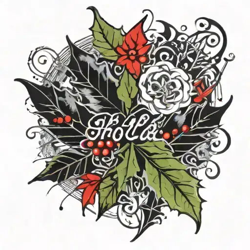 three leaves of holly in the center of a crest with the words surrounding the leaves sub sol sub umbra virens tattoo design idea