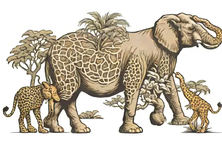 Create a tattoo design featuring a detailed safari scene, including a majestic elephant, a lion, and a giraffe  tattoo design idea