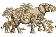 Create a tattoo design featuring a detailed safari scene, including a majestic elephant, a lion, and a giraffe  tattoo design idea