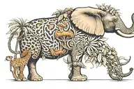 Create a tattoo design featuring a detailed safari scene, including a majestic elephant, a lion, and a giraffe  tattoo design idea