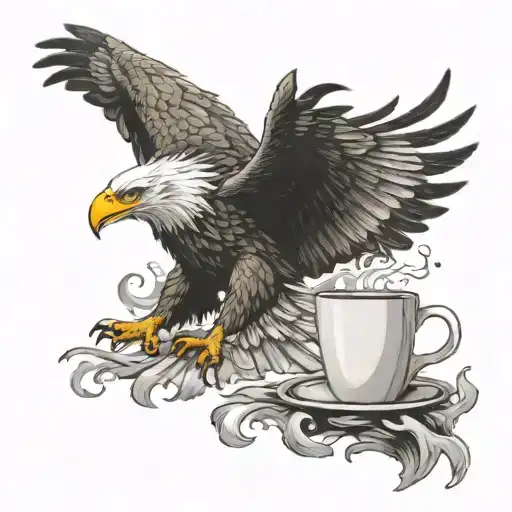 A majestic eagle carrying a coffee cup in its talons, representing freedom and energy tattoo design idea