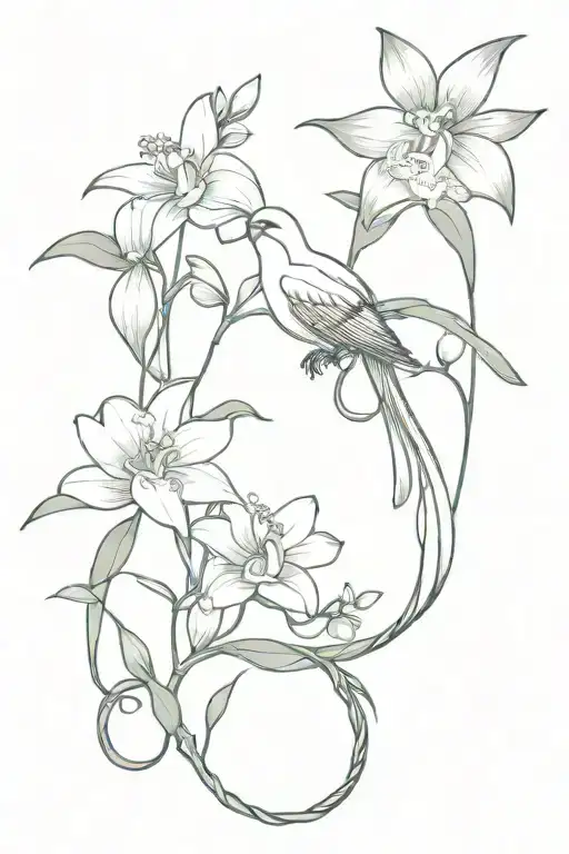 quetzal bird soaring white nun orchid vine wrapping tattoo design idea