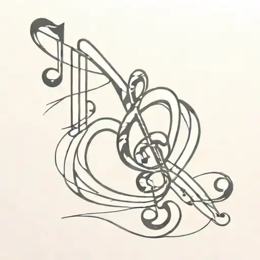An optical illusion of a metallic chrome heart with music notes intertwined tattoo design idea