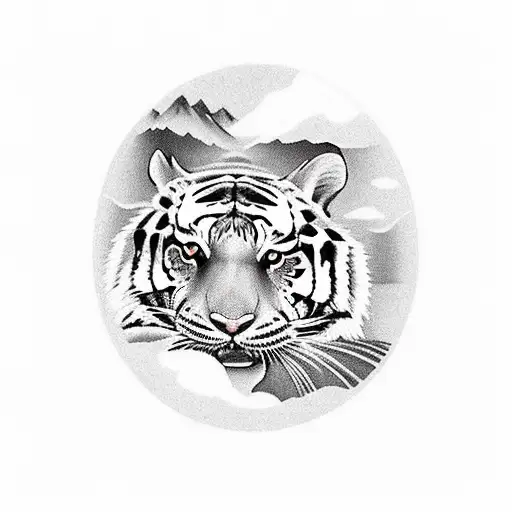 Penticton mountains, between 2 lakes, with a rabbit and tiger walking a patch with a sign that has "540 Bay" on it tattoo design idea