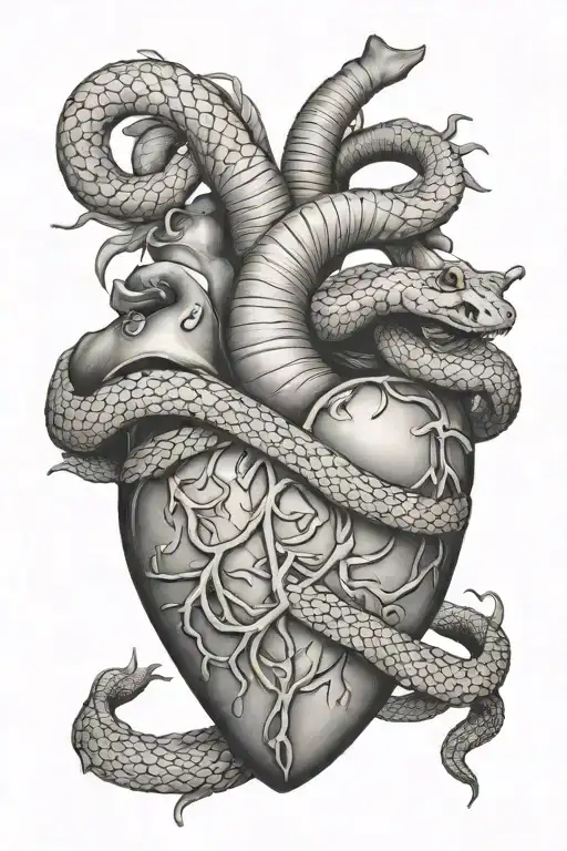 realistic anatomical heart with snake wrapped around tattoo design idea