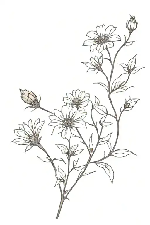a branch with flowers, possibly cornflowers or chamomile or with thin leaves, and to the left of it is the italicized in tattoo design idea