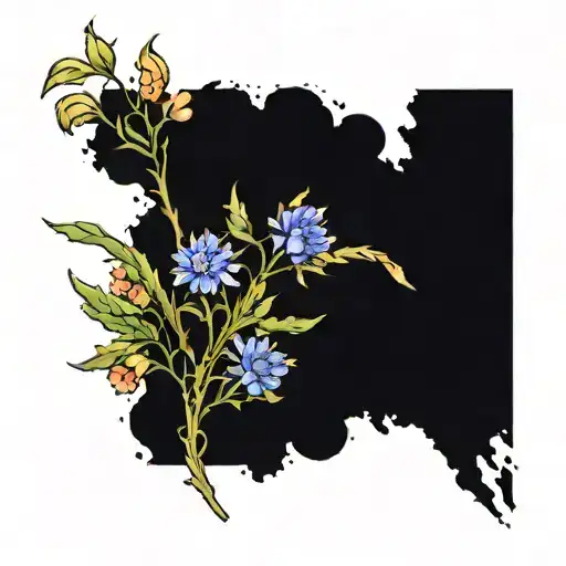 a branch with flowers, possibly cornflowers or chamomile or with thin leaves, and to the left of it is the italicized in tattoo design idea