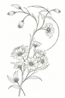 a branch with flowers, possibly cornflowers or chamomile or with thin leaves, and to the left of it is the italicized in tattoo design idea