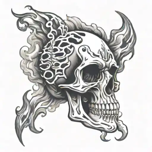 skull and skeleton surrounded with flames clouds and smoke tattoo design idea