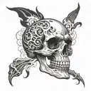 skull and skeleton surrounded with flames clouds and smoke tattoo design idea
