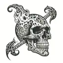 skull and skeleton surrounded with flames clouds and smoke tattoo design idea