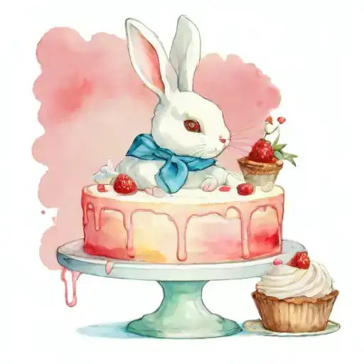 A pretty cartoonish white rabbit eating a cake which is on a cake stand tattoo design idea