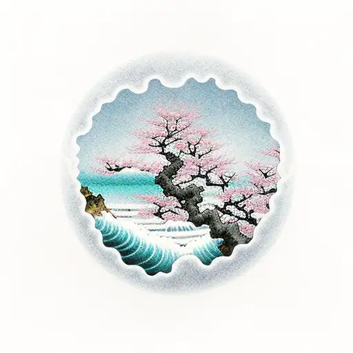 cherry blossom tree over cliff with waves crashing and a full moon partially covered by the cliff and tree  tattoo design idea