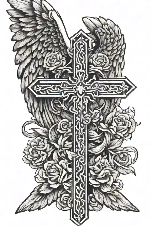 cross with angel wings tattoo design idea