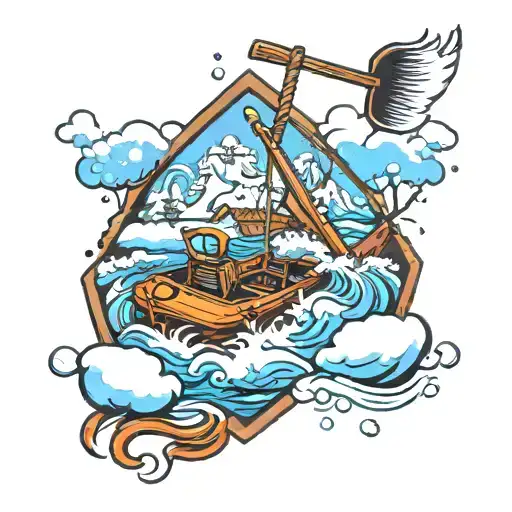 raft and a snow shovel on river  tattoo design idea
