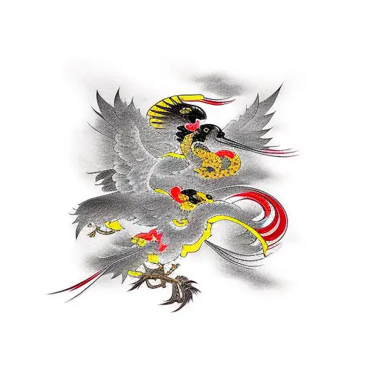 traditional japanese crane using black red and yellow tattoo design idea