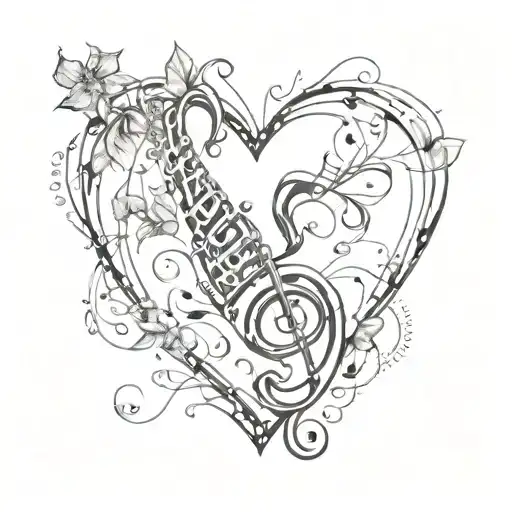 A sketch style tattoo of musical notes forming a heart, surrounded by elements of nature to symbolize your passion for music therapy and nature tattoo design idea