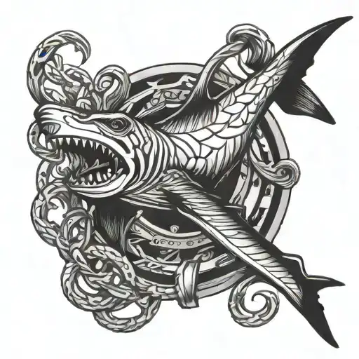 hammerhead shark with anchor intertwined tattoo design idea