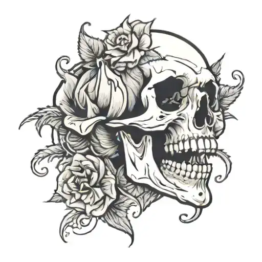 Skull with a rose coming out of mouth open tattoo design idea