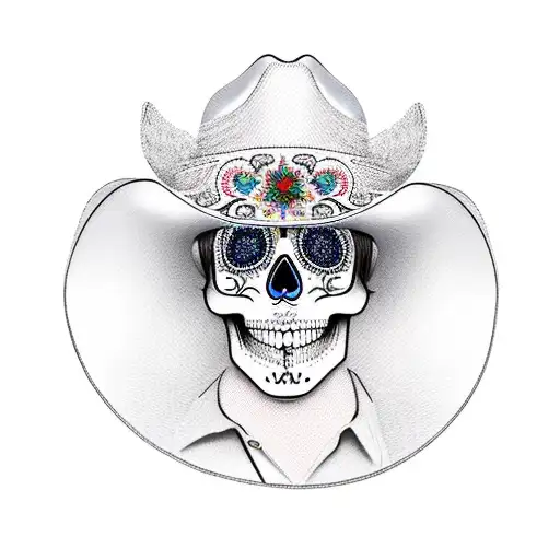 A new-school design of a cowboy hat decorated with vibrant sugar skull patterns tattoo design idea