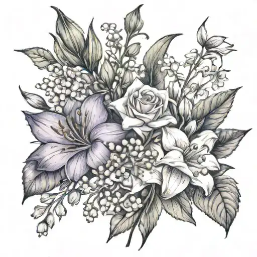 family birth flower bouquet fine line with 2 larkspur, 1 rose, 1 lily of the valley and 1 daffodil tattoo design idea