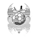 A soccer ball surrounded by abstract Italian landmarks like the Colosseum and the Leaning Tower of Pisa tattoo design idea