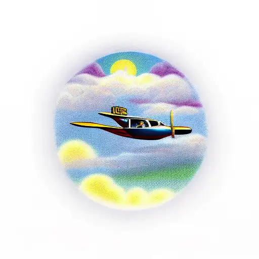 A scenic landscape of Iowa with a small airplane soaring above tattoo design idea