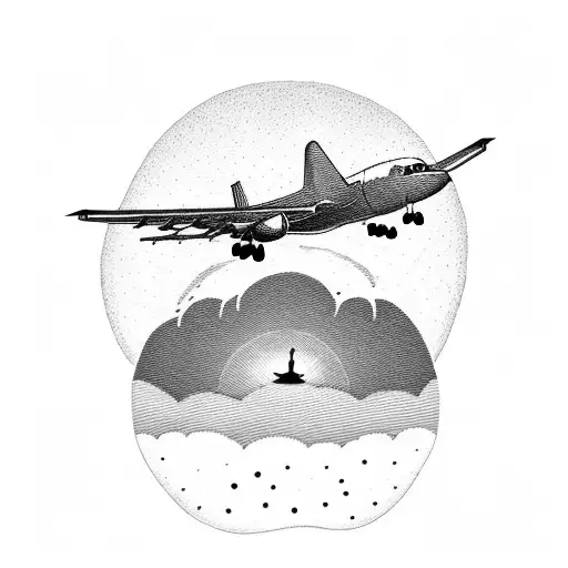 A serene sunset with an airplane silhouette and the phrase 'Slow Down You're Doing Fine' tattoo design idea