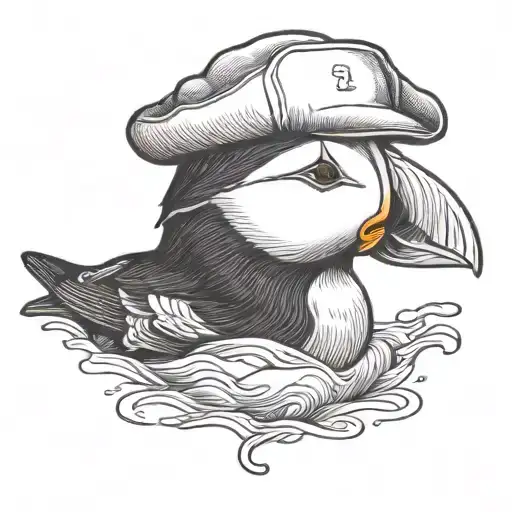 puffin wearing a newfoundland hat in a yellow dory  tattoo design idea