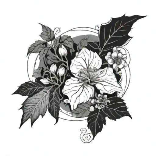 A integration of botanical elements on a suminagashi tattoo design idea