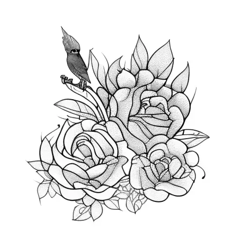 A blackwork design featuring a cardinal and various flowers in a symmetrical pattern tattoo design idea